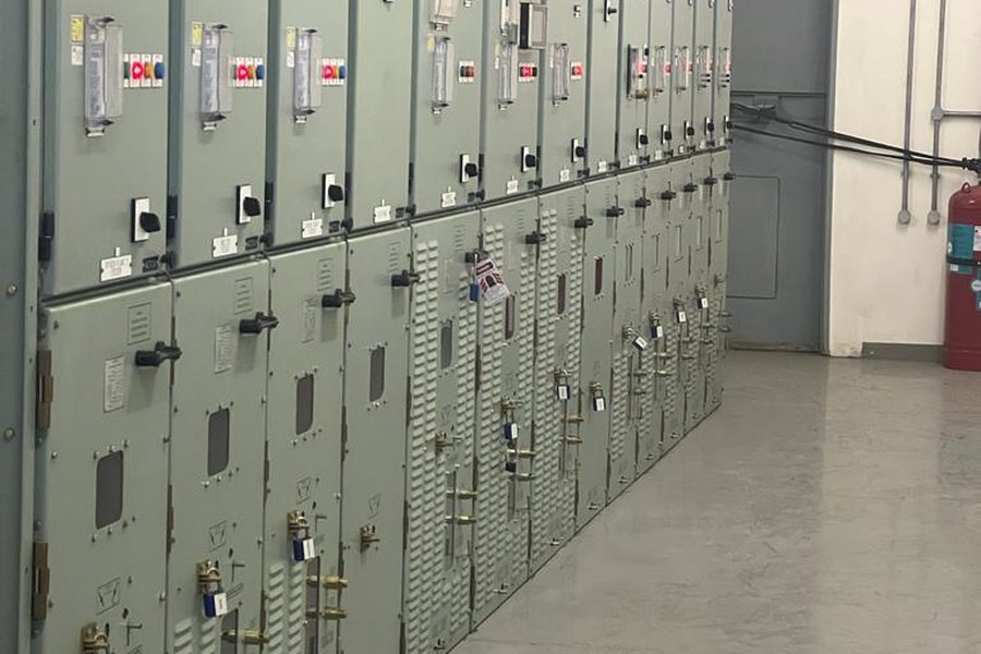 Medium-voltage switchgear line-up inside a substation building